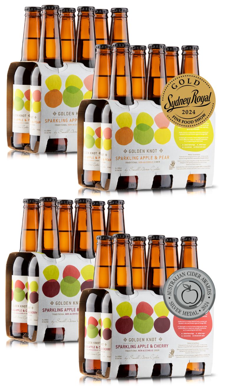 2 x 6 packs of Apple and Pear Golden Knot Non Alcoholic Ciders with a Gold Medal from Sydney Royal Fine Food Show and 2 x 6 packs of Apple and Cherry Golden Knot Non Alcoholic Ciders with a Silver Medal from the Australian Cider Awards