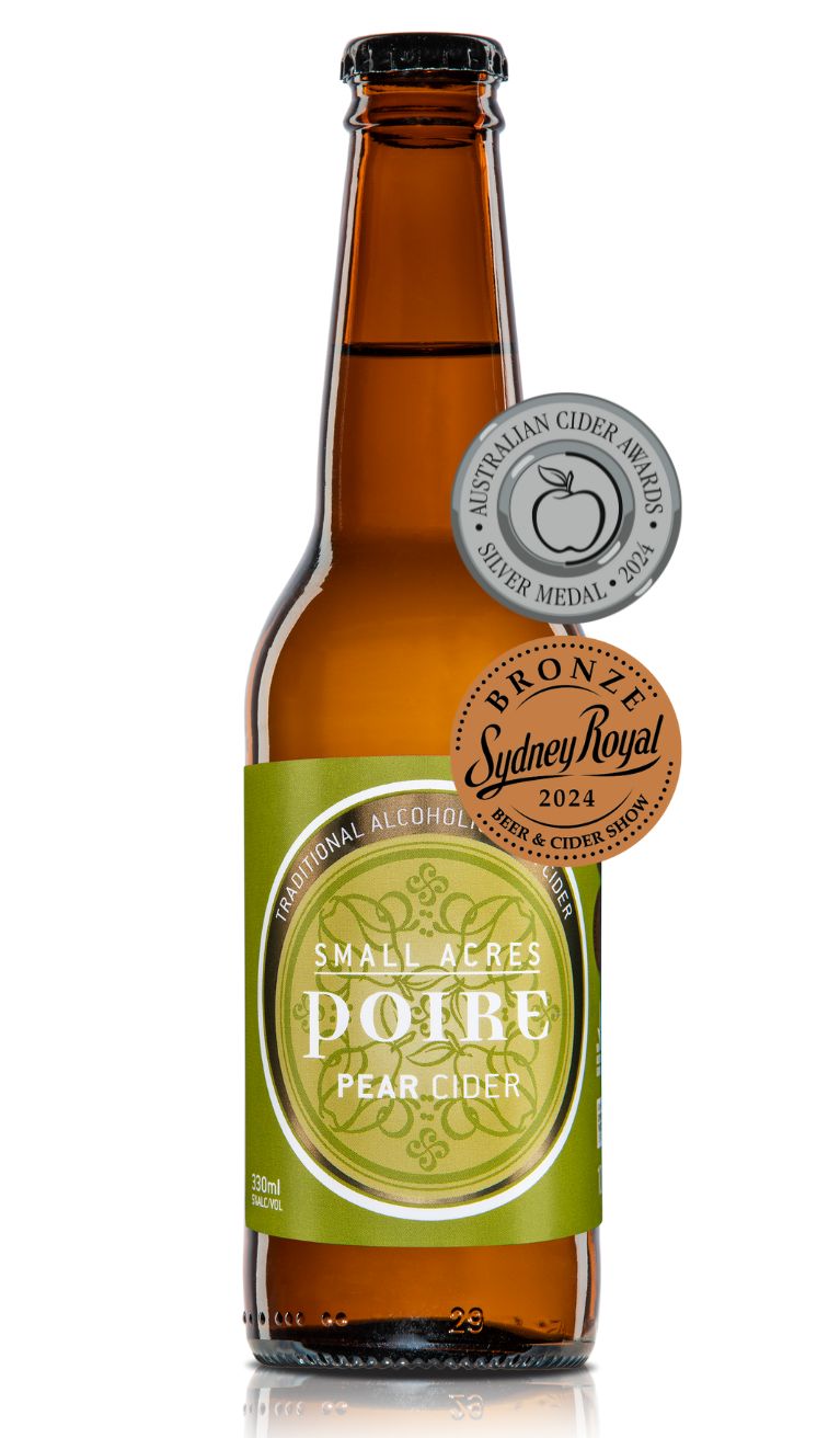 A 330ml Bottle of Poire Pear Cider with a silver medal from The Australian Cider Awards 2024 and a Bronze medal from the Sydney Royal 2024