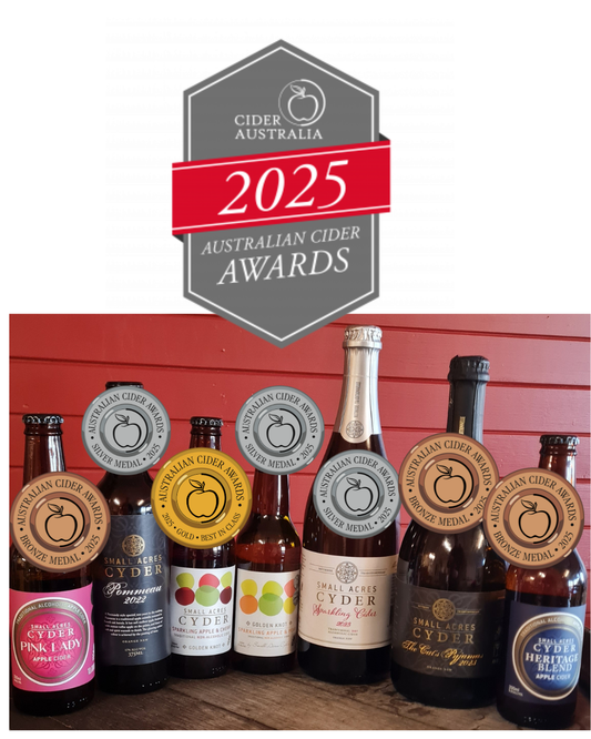A collection of cider bottles with Gold, Silver and Bronze medals and a Cider Australia 2025 Australian Cider Awards logo