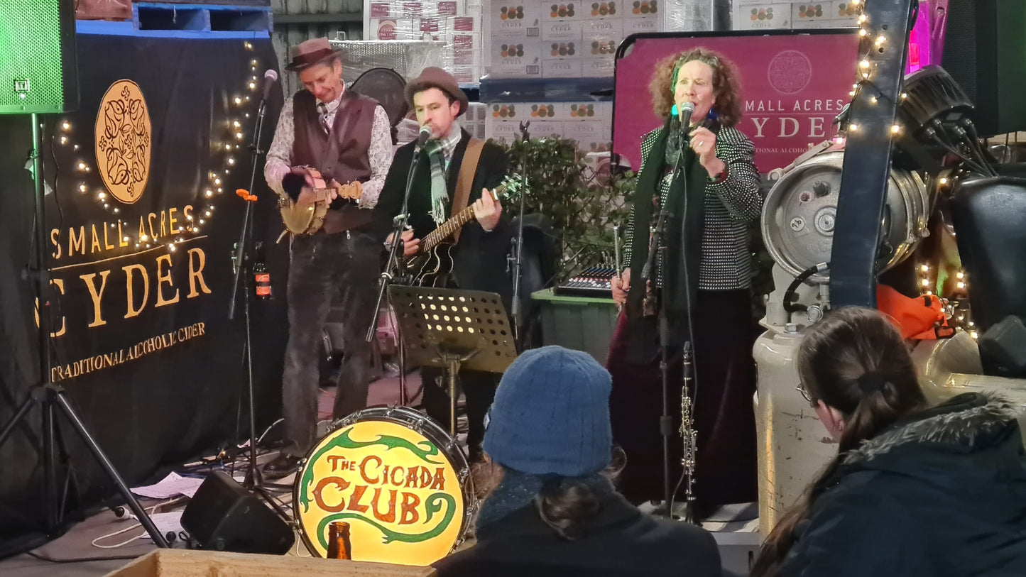 A band sing and play.  They have "Cicada Club" on their drum. There is a Small Acres Cyder banner beside and behind. Cases of cider are stacked behind. 