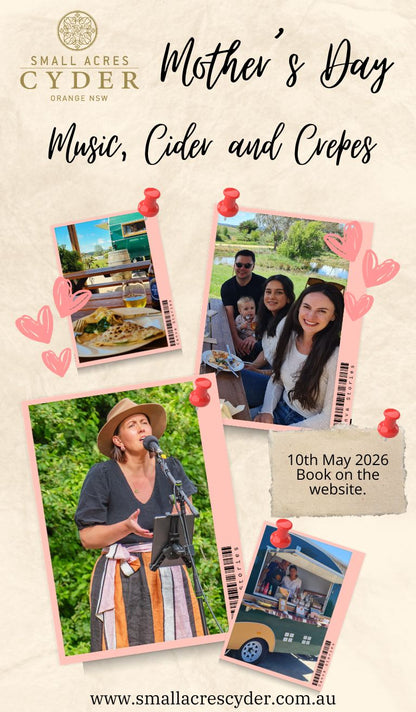 A poster for the Mother's Day Music, Cider and Crepes event with crepes, a family enjoying crepes and a singer. 