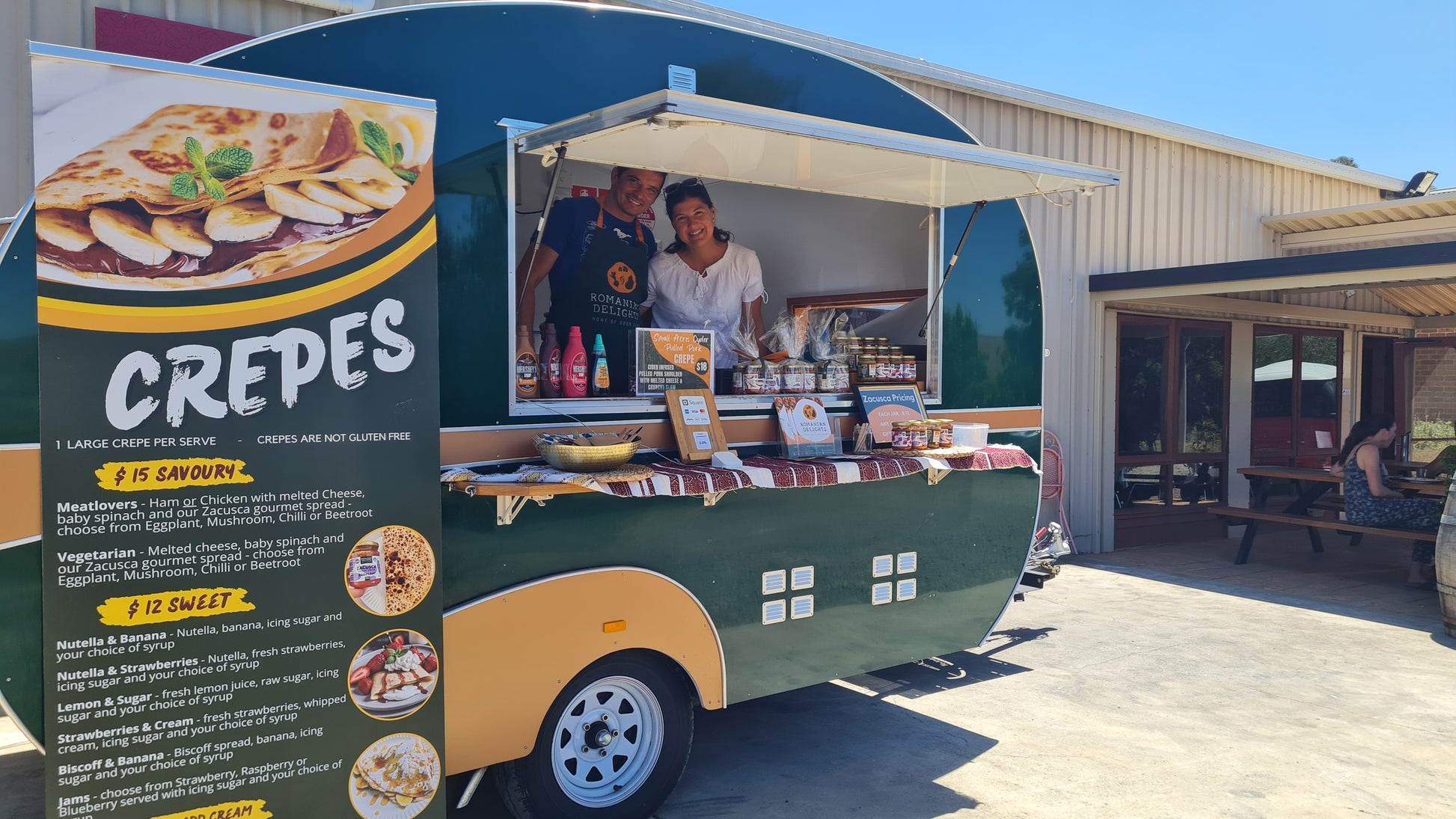 Romanian Delights Crepe Van with a list of savoury and sweet crepes.