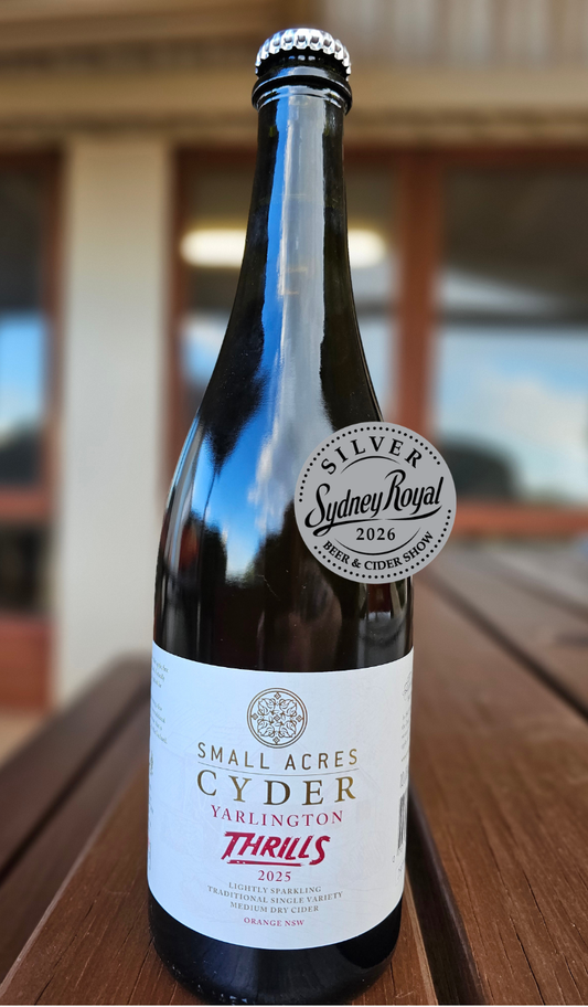 A 750ml bottle of Yarlington Thrills Cider with a Silver Sydney Royal Beer and Cider Show medal.